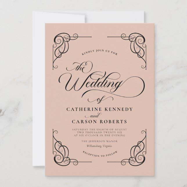 Klassiskt modernt Kalligraphy Beige & Black Script Inbjudningar (Framsida)