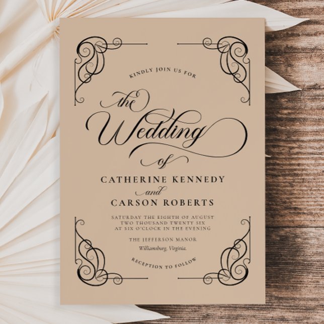 Klassiskt modernt Kalligraphy Beige & Black Script Inbjudningar (Skapare uppladdad)