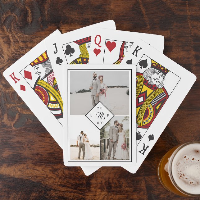 Klassiskt mongram 3 fotorutnät i bröllop casinokort (Classic monogram 3 photo grid collage wedding poker cards)
