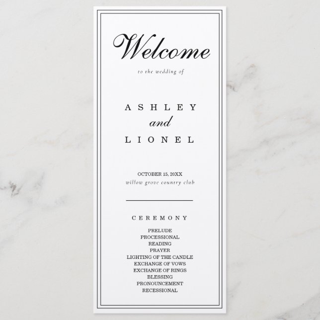 Klassiskt Monogram Black & White Simple Bröllop Program (Framsida)