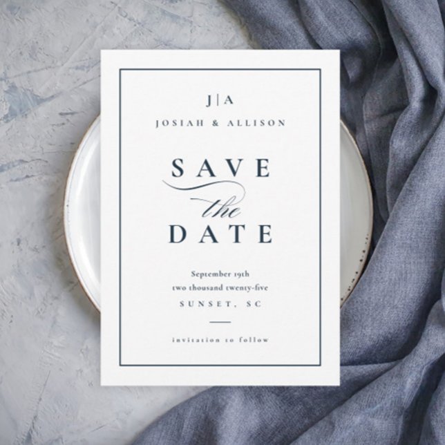 Klassiskt monogram, ej foto, marinblå Bröllop Spara Datumet (Elegant Simple Typography Navy Blue Wedding Save the Date.)