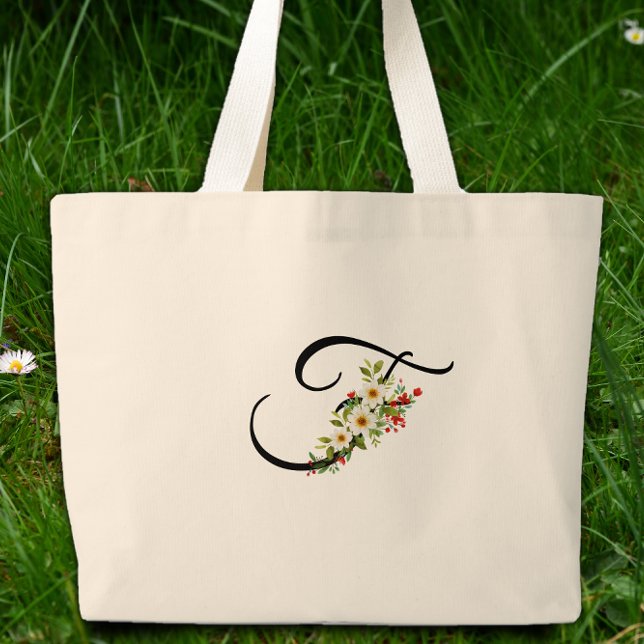Klassiskt monogram F röd vit blomma mormorspresent Jumbo Tygkasse (Skapare uppladdad)