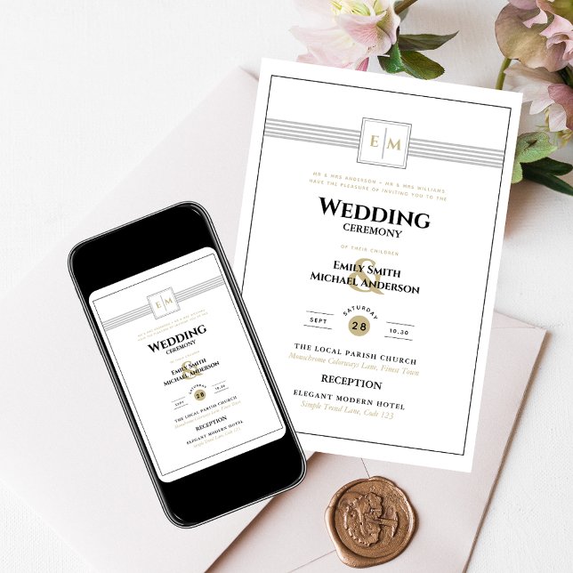 Klassiskt Monogram Formal Bröllop White Alla i 1 I Inbjudningar (Skapare uppladdad)