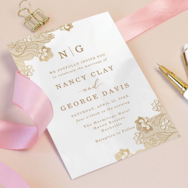 Klassiskt Monogram Guld Snöre Ornate Cream Bröllop Inbjudningar (Skapare uppladdad)