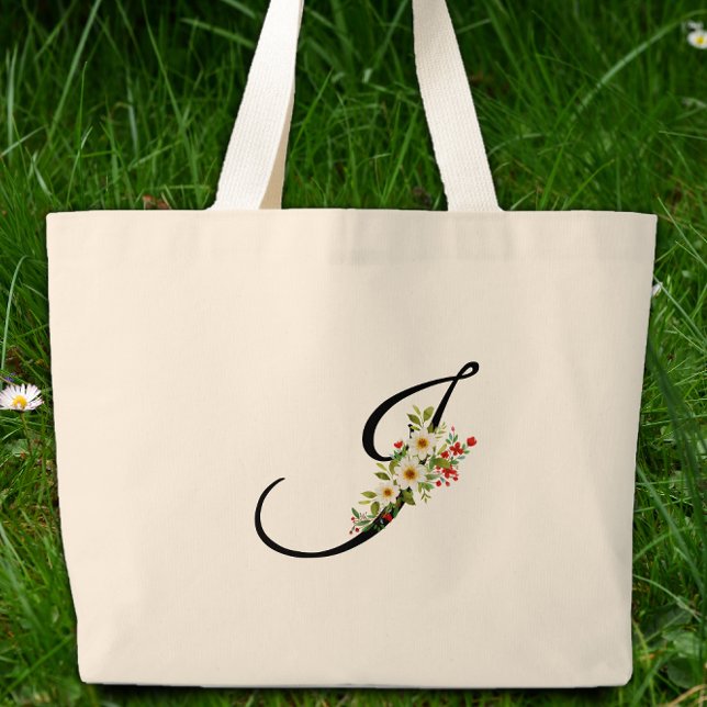 Klassiskt monogram J röd vit blomma mormorspresent Jumbo Tygkasse (Skapare uppladdad)