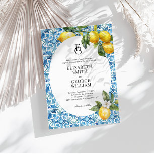 Klassiskt monogram Lemon Blue Mediterranean Bröllo Inbjudningar