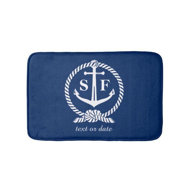 Klassiskt monogram Nautical Blue Anchor Beach Boat Badrumsmatta (Framsidan)