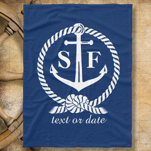 Klassiskt monogram Nautical Blue Anchor Beach Boat Fleecefilt