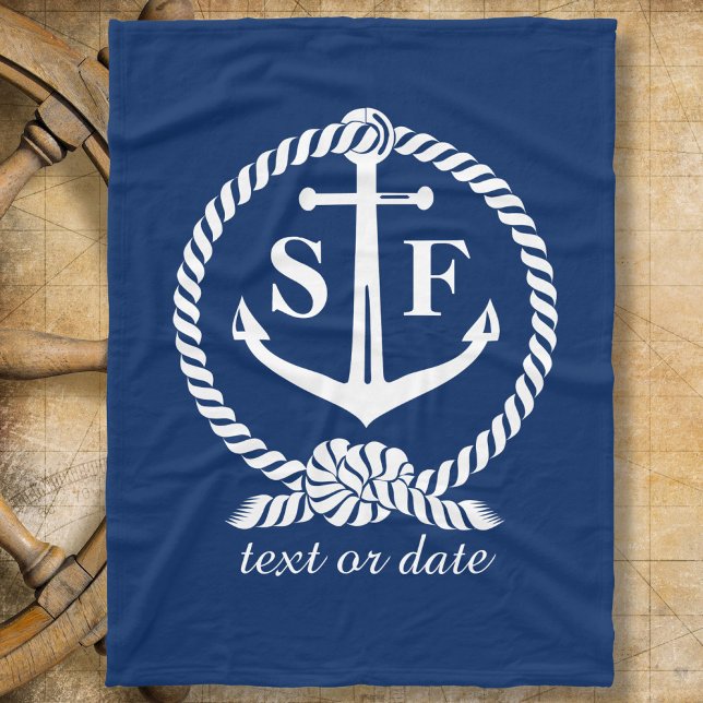 Klassiskt monogram Nautical Blue Anchor Beach Boat Fleecefilt (Skapare uppladdad)