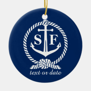 Klassiskt monogram Nautical Blue Anchor Beach Boat Julgransprydnad Keramik