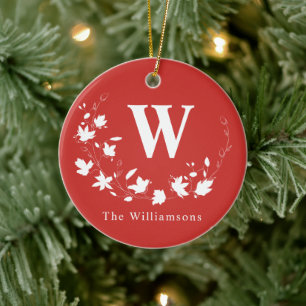 Klassiskt Monogram och Namn Red Blommigt Wandeine  Julgransprydnad Keramik