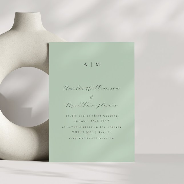 Klassiskt Monogram Pistachio Mint-skript Bröllop Inbjudningar (Skapare uppladdad)