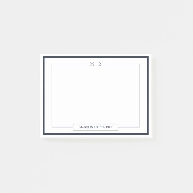Klassiskt monogram sjöblå kant brevpapper post-it block (Framsida)