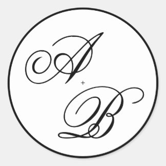 Klassiskt monogram, svart och vit Bröllop Runt Klistermärke