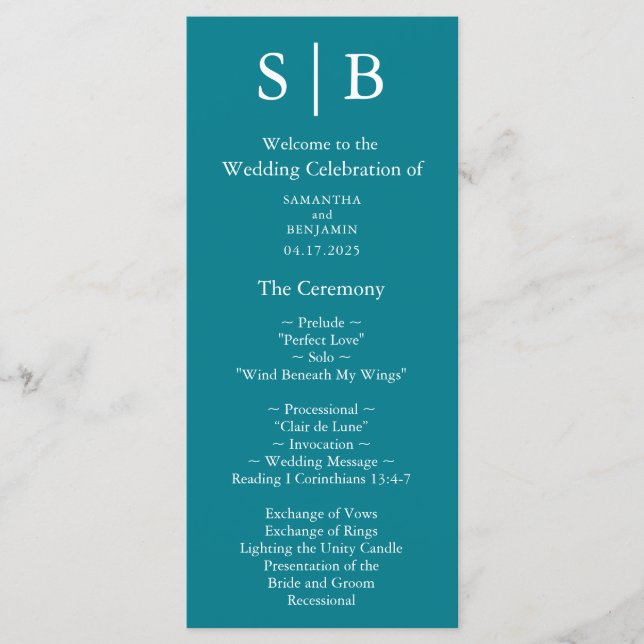 Klassiskt Monogram Teal Bröllop Program (Framsida)