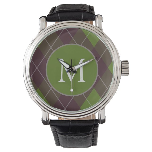 Klassiskt mönster med mörkgrönt argyle-monogram armbandsur (Framsida)