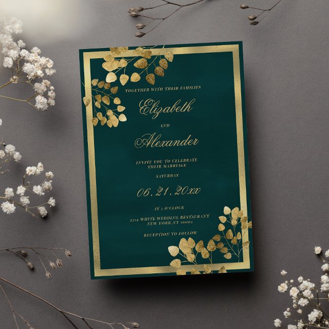 Klassiskt mörk grönt guld eucalyptus elegant bröll inbjudningar (Classic dark green gold eucalyptus elegant wedding)