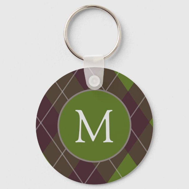 Klassiskt mörkgrönt argyle-mönster med monogram nyckelring (Framsida)