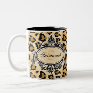 Klassiskt namn och monogram för Leopard Mönster Två-Tonad Mugg
