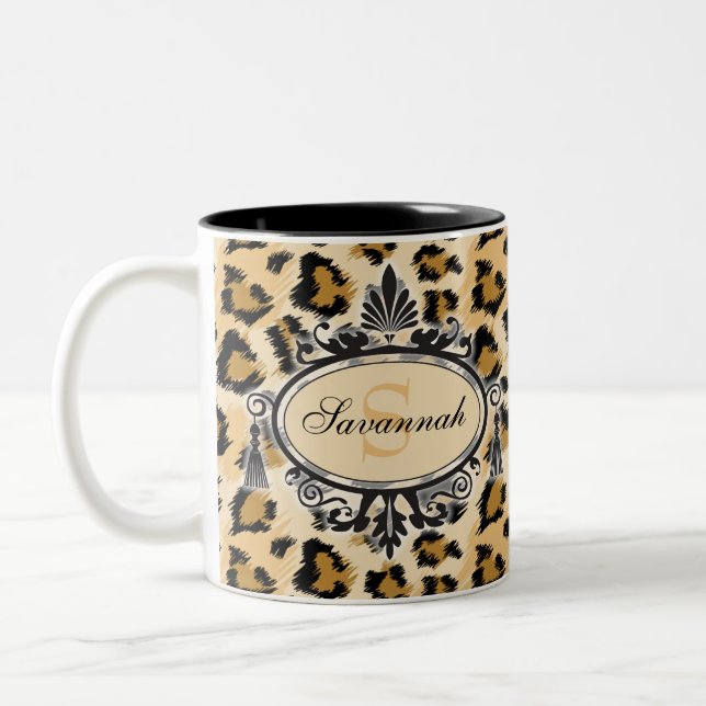Klassiskt namn och monogram för Leopard Mönster Två-Tonad Mugg (Vänster)