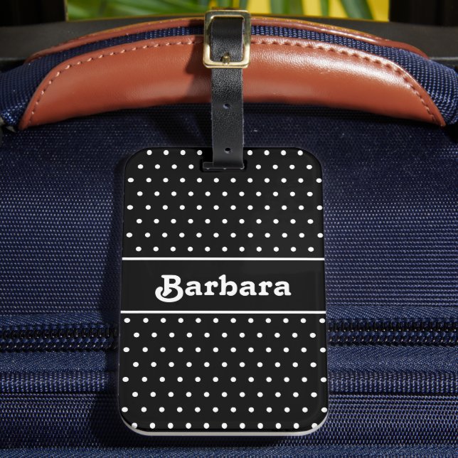 Klassiskt Namn Polka Dot Black and White Bagagebricka (Framsida Insitu 2)