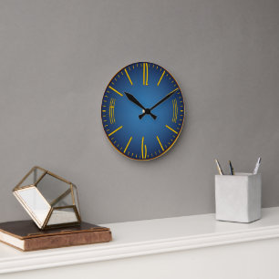 Klassiskt Office Clock i Blått Guld Ram Rund Klocka