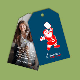 Klassiskt Pickleball Santa Blue-julfoto Presentetikett