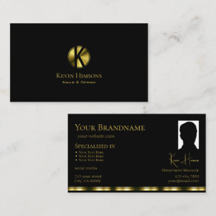 Klassiskt Plain Black Guld med Monogram och Photo Visitkort