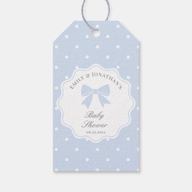 Klassiskt Polka dots Dusty Blue Bow Boy Shower Presentetikett (Baksidan)