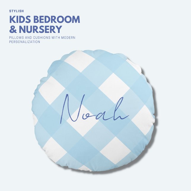 Klassiskt pulver Blue Gingham Boys Round Pillow Rund Kudde (Skapare uppladdad)