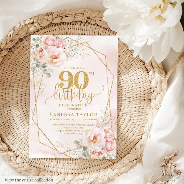 Klassiskt pulver Rosa Guld Peonies 90:e födelsedag Inbjudningar (Classic Powder Pink Gold Peonies 90th Birthday Invitation)