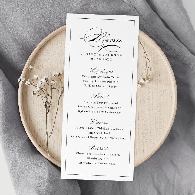 Klassiskt rättesnörskript - enkelt Bröllop Meny (Classic Elegance Script Simple Wedding Menu)