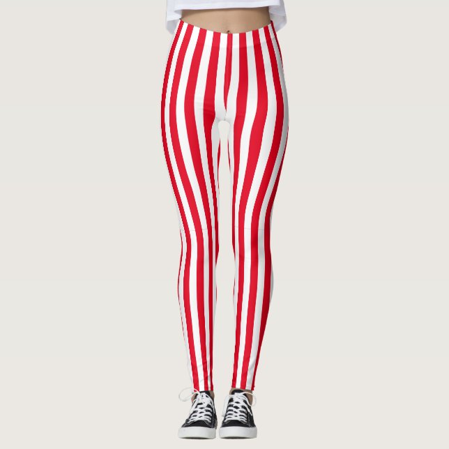 Klassiskt Retro Red and White Lodrät Rand Leggings (Framsida)