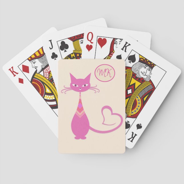 Klassiskt Retro Rosa Cat Heart Svan Monogram Casinokort (Baksidan)