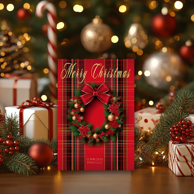 Klassiskt rödblekt julfrö, vikt kort (Beautiful Classic Red Christmas Wreath Tartan Christmas Greeting Card )