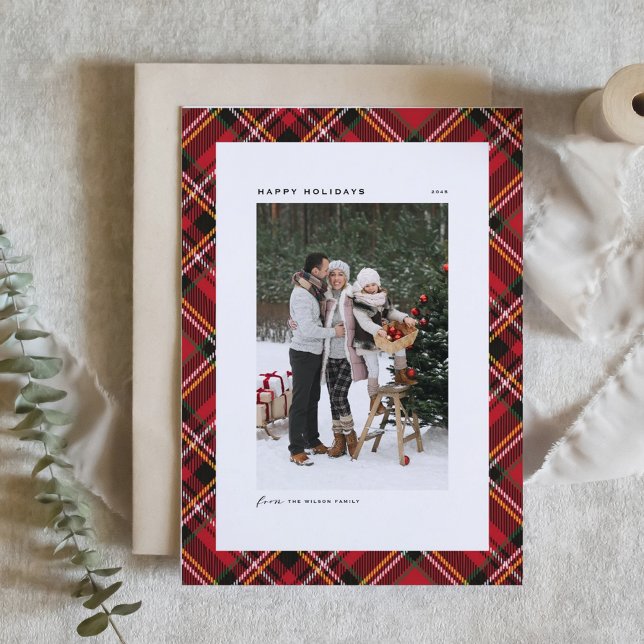 Klassiskt rödfärgat foto Mönster Glad helg Julkort (Classic Red Plaid Pattern Happy Holidays Photo Holiday Card)