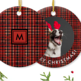 Klassiskt rödsvart play Tartan Mönster Monogram Julgransprydnad Keramik