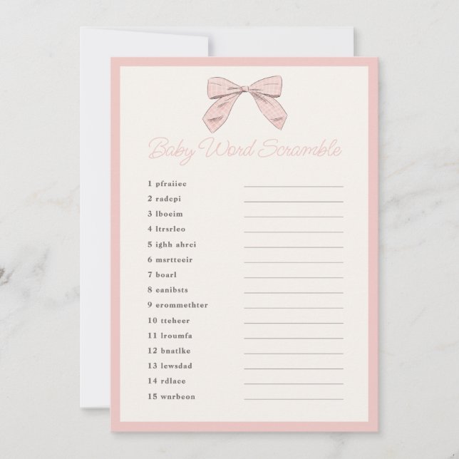 Klassiskt Rosa Bow Baby Shower Ord Scramble Game Inbjudningar (Framsida)