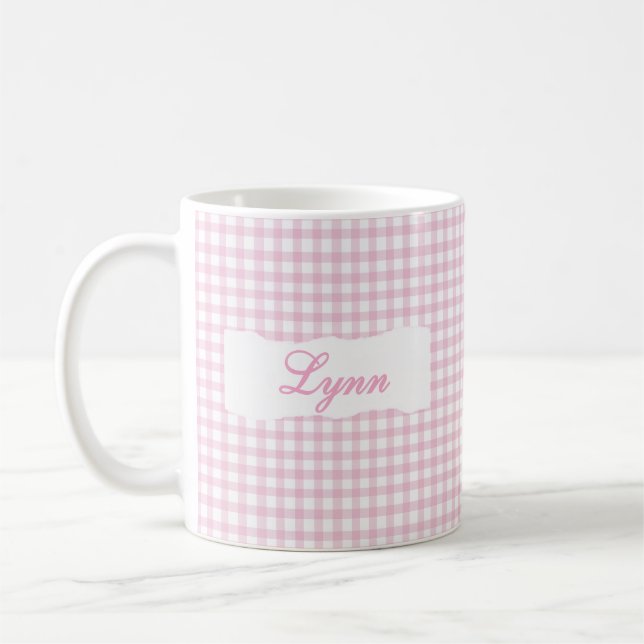 Klassiskt Rosa Gingham Personligt Namn  Kaffemugg (Vänster)