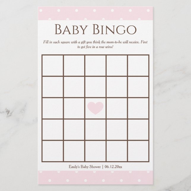 Klassiskt Rosa Polka Dot Girl Baby Shower Bingo Ga (Framsida)