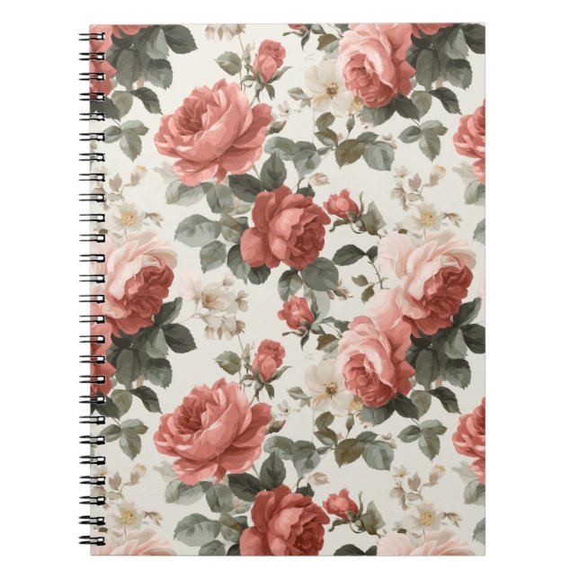 Klassiskt rosa ros kräm blommönster anteckningsbok (Framsidan)