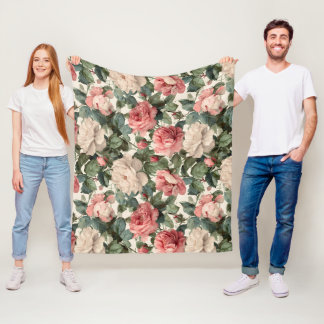 Klassiskt rosa ros kräm blommönster fleecefilt