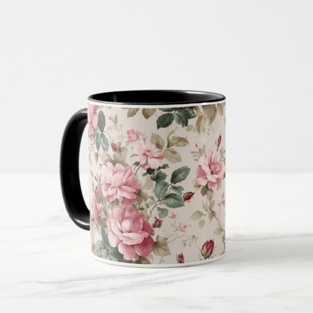 Klassiskt rosa ros kräm blommönster mugg (Framsida vänster)