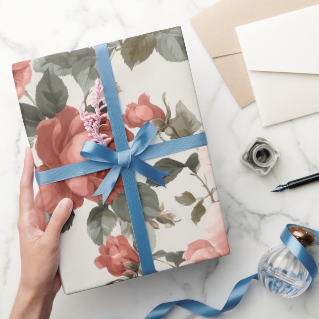 Klassiskt Rosa Ros Kräm Blommönster Presentpapper (Gifting)