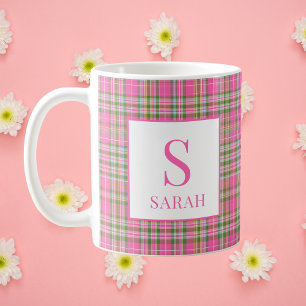 Klassiskt rosa Tartan-rutig monogramnamn Kaffemugg