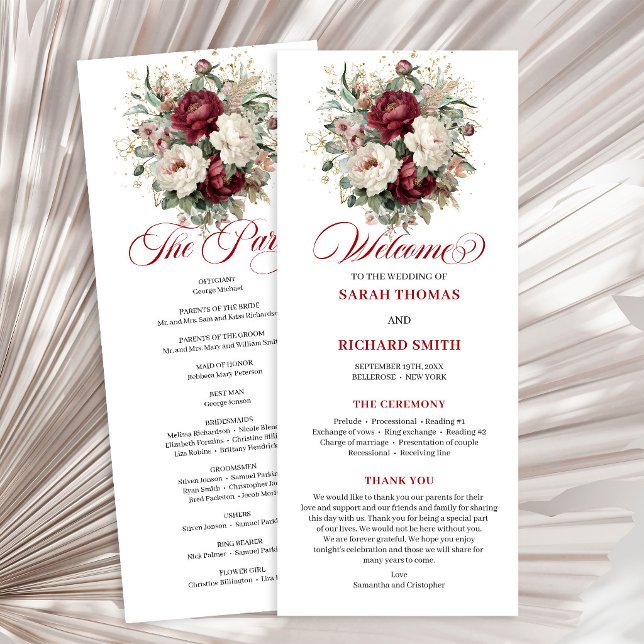 Klassiskt rosaburgunder Blommig Bröllopsprogram Program (Classic Blush Burgundy Floral Wedding Program)