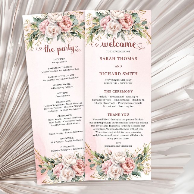 Klassiskt rose gold blommigt bröllopsprogram program (Classic Rose Gold Floral Greenery Wedding Program)