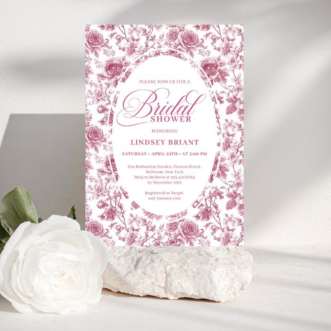 Klassiskt rosemönster Blommig Toile Bröllopsdusch  Inbjudningar (Classic Rose Pattern Floral Toile Bridal Shower Invite)