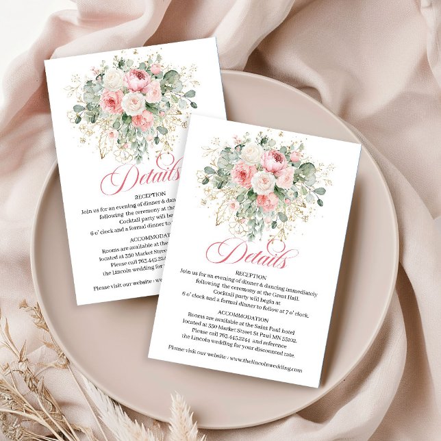 Klassiskt rosenskiftande grönska Guld Bröllopsdeta Tilläggskort (Classic Blush Greenery Gold Wedding Details Card)