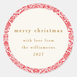 Klassiskt rött blommigt personligt julhälsningskor runt klistermärke
